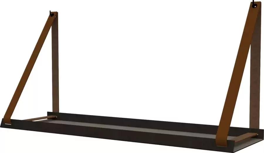 Handles and more Stalen wandplank zwart 70cm + leren plankdragers Lichtbruin