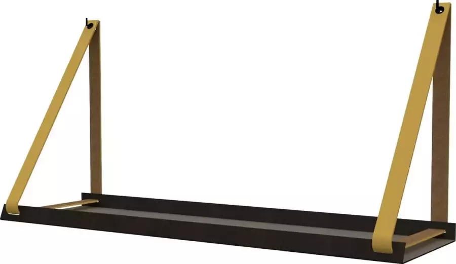 Handles and more Stalen wandplank zwart 70cm + leren plankdragers Okergeel