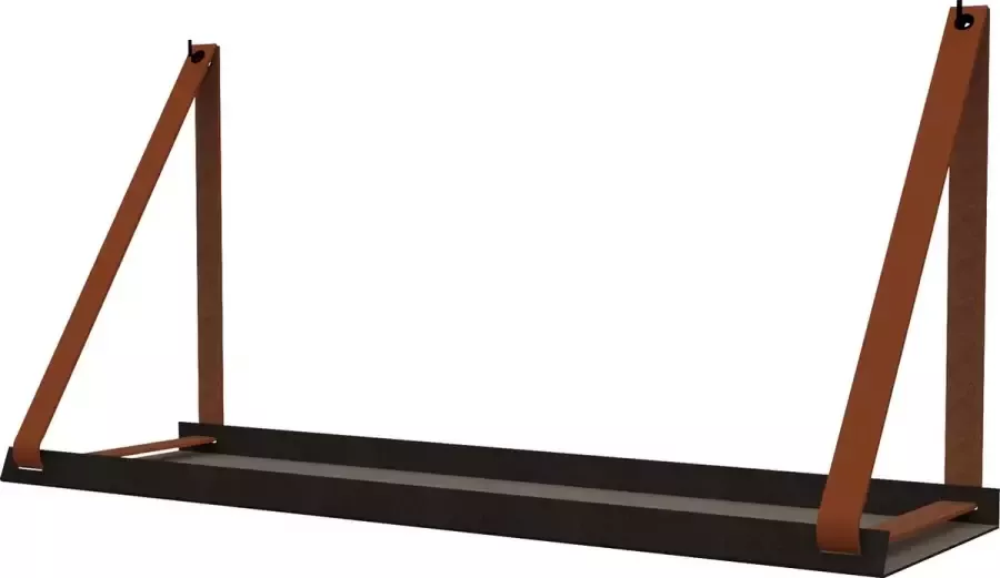 Handles and more Stalen wandplank zwart 98cm + leren plankdragers Cognac