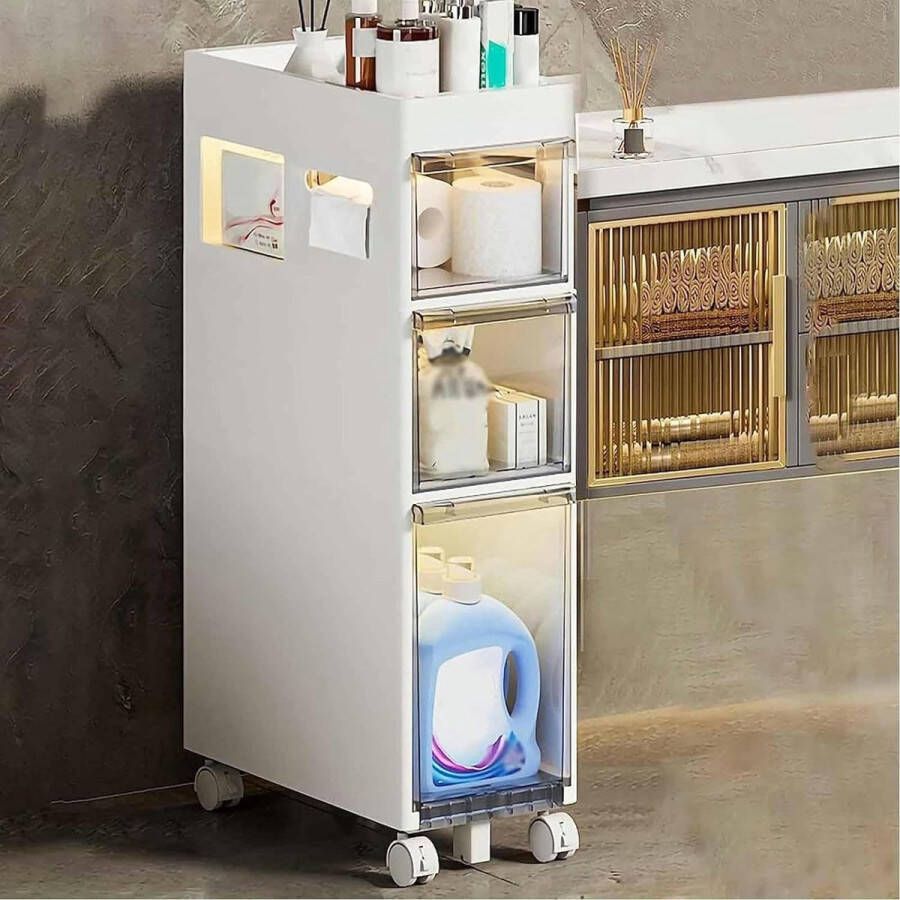 Handyworld Ultradunne Ladeopslagtoren Met 4 Niveaus Opbergkast Voor De Badkamer Met Doorzichtige Laden En Wielen Opbergwagen Voor Badkameronderkast Met Grote Capaciteit Smalle Opbergkast Voor Toiletpapier