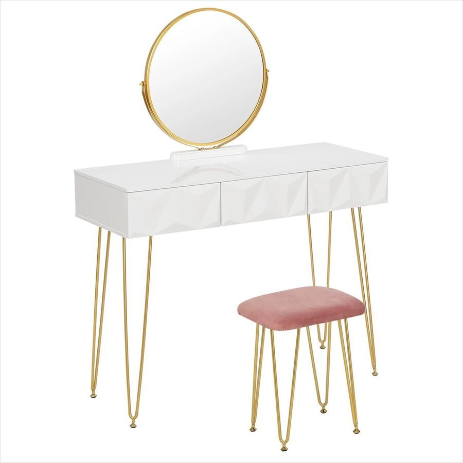 Hanimo Set Witgouden Kaptafel Met Spiegel 360 ° Draaibare Spiegel 3 Lades 3d Effect Fluwelen Kruk Cosmetische Make-Up Tafel Voor Slaapkamer Wit met gouden accenten roze kruk 100x40x79cm