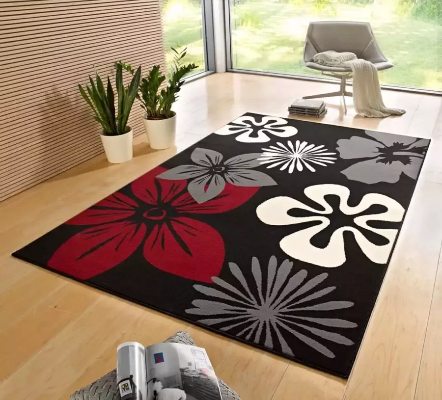 Hanse Home Modern vloerkleed bloemen Flora zwart rood 80x150 cm