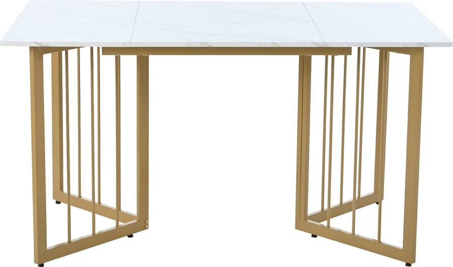 Haobosic 140 x 80 x 75cm Eettafel Moderne keukentafel Metalen frame V-vormige steunpoten Marmerpatroon Verstelbare poten Wit Goud