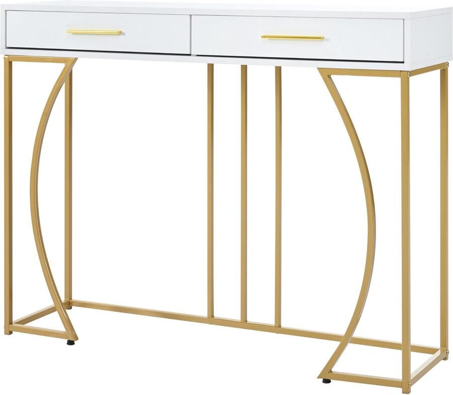 Haobosic Consoletafel Gangtafel met 2 laden Lichte luxe stijl Bijzettafel Salontafel 120x38x76 cm Wit Goud