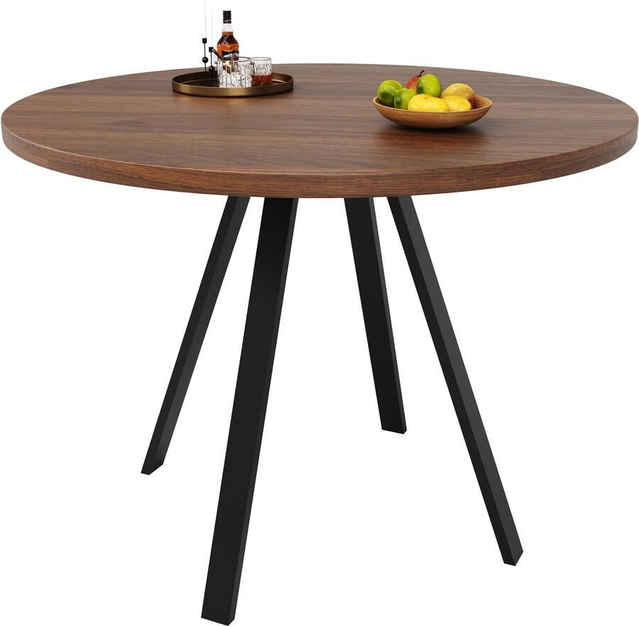 Haobosic Ronde eettafel 80×80×75 cm Keukentafel Geschikt voor 4 personen Walnootkleurig bureau Zwarte tafelpoten