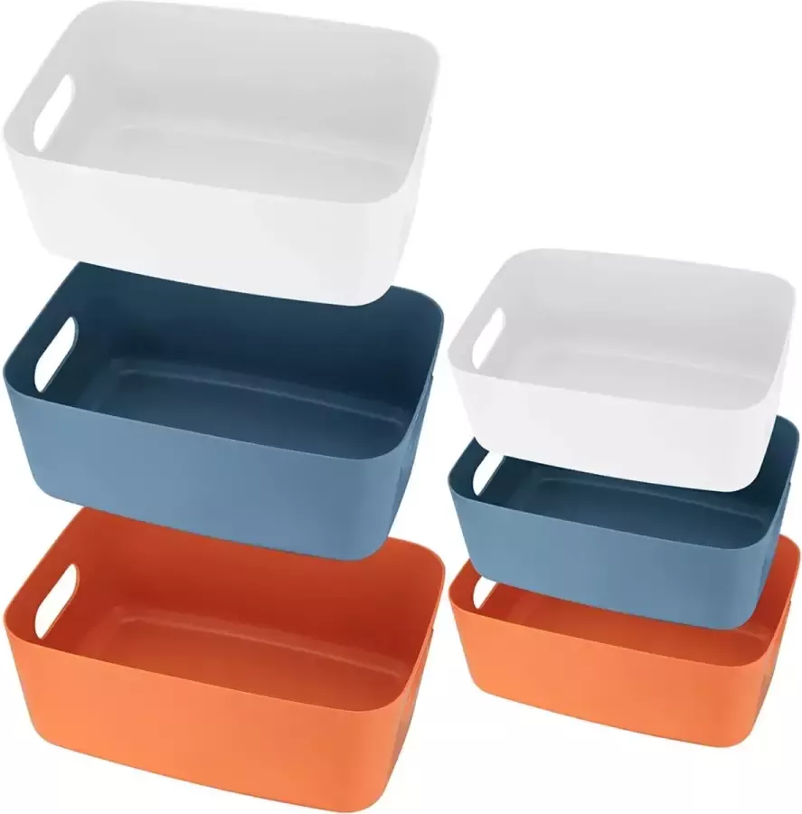 HAOCHEN Opbergmanden kunststof stapelbare opbergmanden mandjes met handgrepen voor keuken badkamer kinderkamer kast 3 kleuren klein en middelgroot 6 stuks