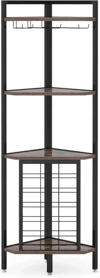 Happiq Bar Hoekkast Wijnrek 4-laags Glazenhouder Opbergrek Hoekplank Vakkenkast Metaal en hout 40x40x160 cm