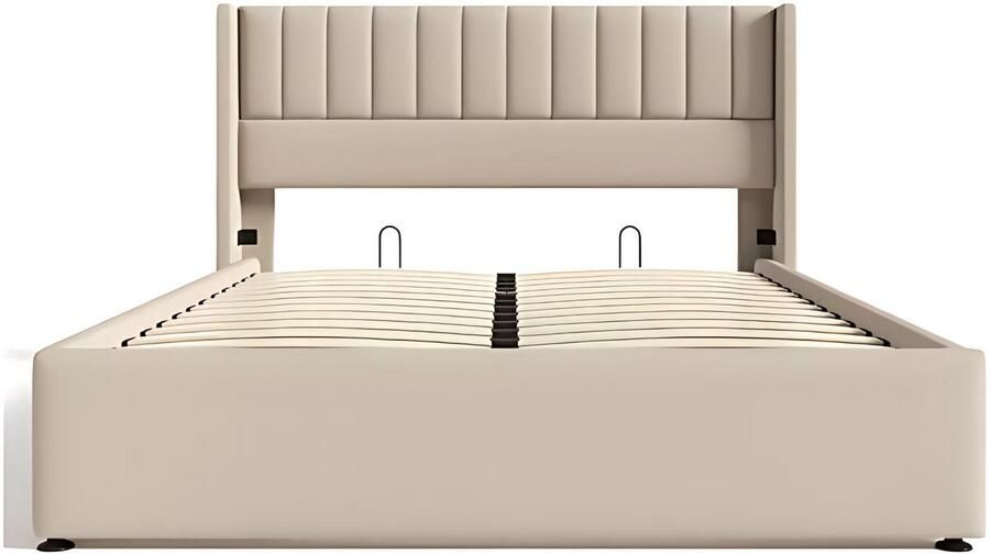 Happiq Bed Opbergbed Opbergruimte Hydraulisch tweepersoonsbed Linnen lattenbodem Houten metalen frame Beige 160x200