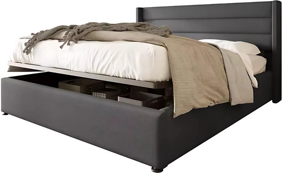 Happiq Bed Opbergbed Opbergruimte met Hydraulisch Systeem Voor Slaapkamer met Houten Lattenbodem & Metalen Frame Grijs Linnen 140x200 cm