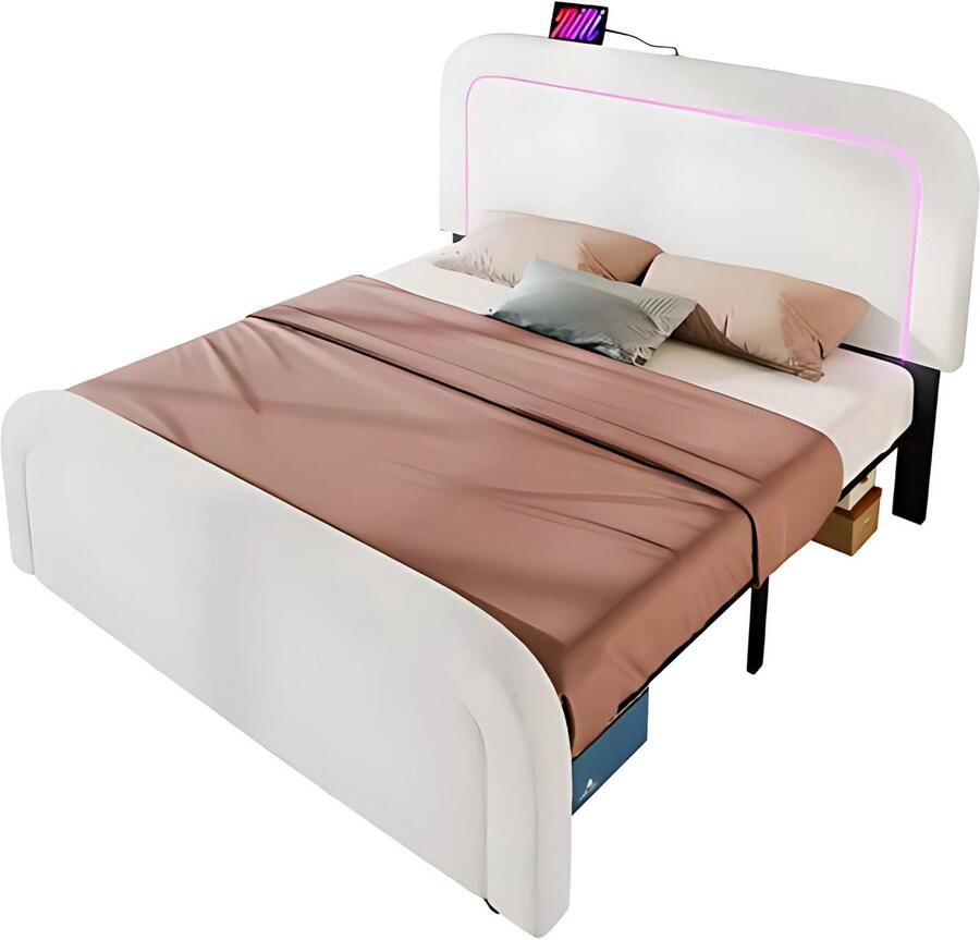 Happiq Bed Tweepersoonsbedden Tweepersoonsbed Twijfelaar met Bedrek Voor Slaapkamer USB-C Oplaadfunctie LED-verlichting & Inclusief Matras Bekleding in Witte Sherpa-stof 140x200 cm