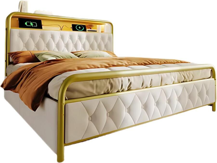 Happiq Bed Tweepersoonsbedden Tweepersoonsbed Twijfelaar USB C Oplaadfunctie APP-bediening LED Metalen bed bedframe 4 Laden Fluweel 140x200cm
