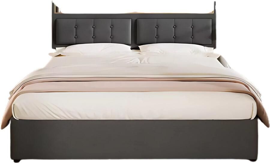 Happiq Bed Tweepersoonsbedden Tweepersoonsbed Twijfelaar Voor Jeugdkamer of Slaapkamer Met USB-C Oplaadfunctie & Hoofdeinde Lattenbodem & Opbergruimte voor Beddengoed 140x200cm