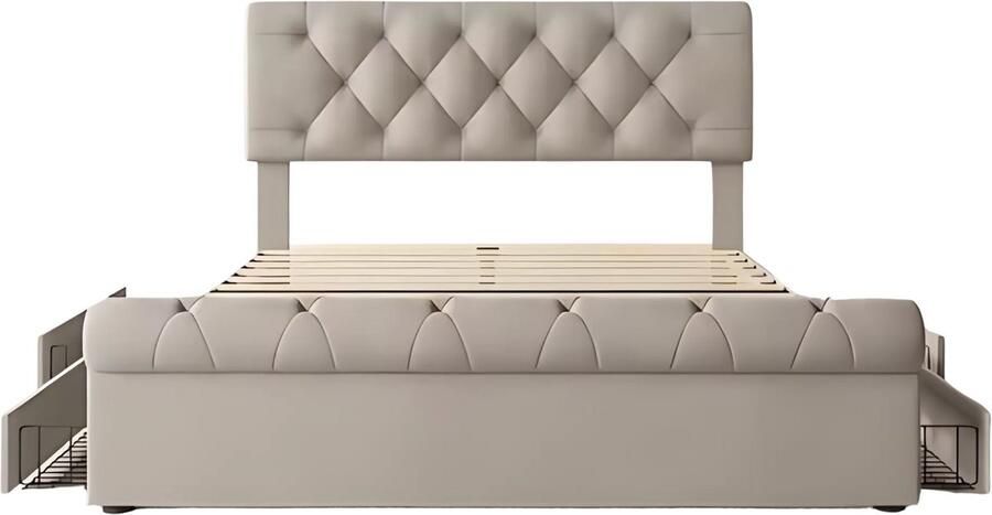 Happiq Bed Tweepersoonsbedden Tweepersoonsbed Twijfelaar Voor Slaapkamer Functioneel Tweepersoonsbed met Chesterfield Hoofdeinde & 4 Laden Inclusief Matras 140x200cm