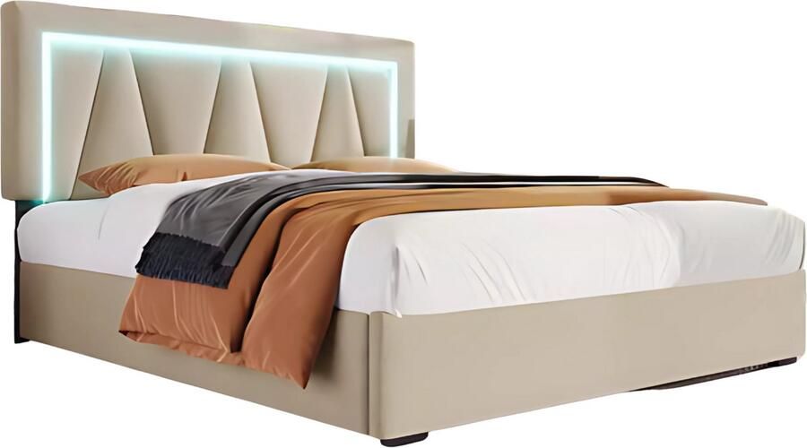 Happiq Bed Tweepersoonsbedden Tweepersoonsbed Twijfelaar Voor Slaapkamer Met LED-verlichting USB-C Oplaadfunctie Lattenbodem & Opbergruimte Linnen Bekleding Inclusief Matras 140x200 cm