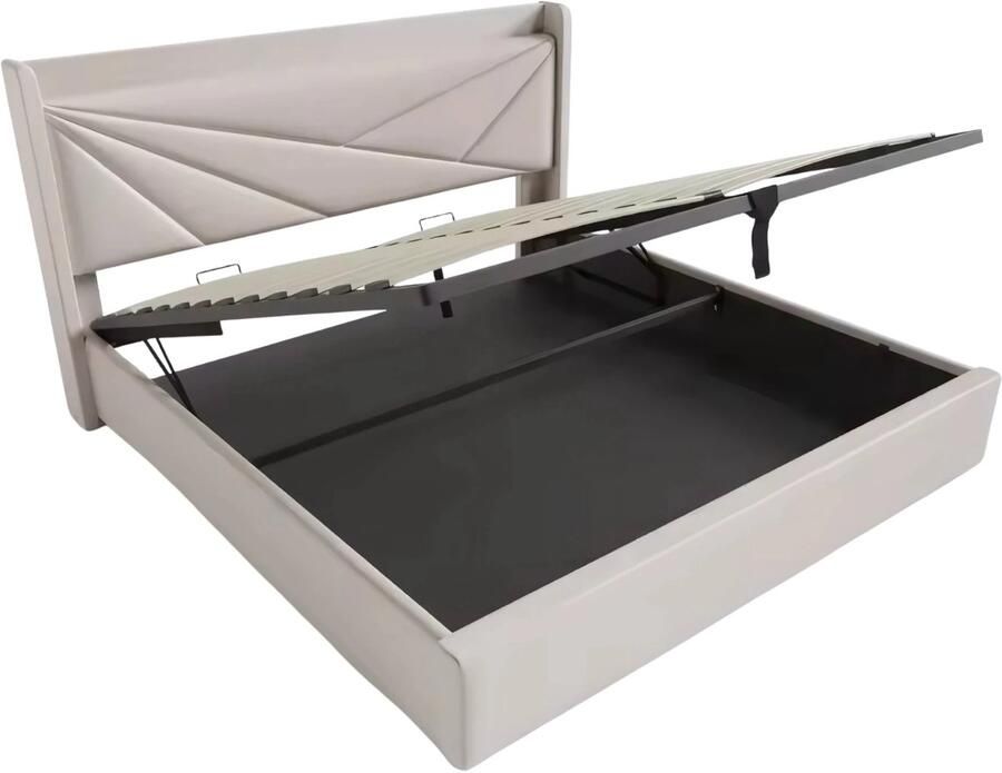 Happiq Bed Tweepersoonsbedden Tweepersoonsbed Twijfelaar Voor Slaapkamer Met USB-C Oplaadfunctie Opbergruimte & Comfortabel Hoofdeinde Linnen Bekleding Lattenbodem & Inclusief Matras 140x200cm