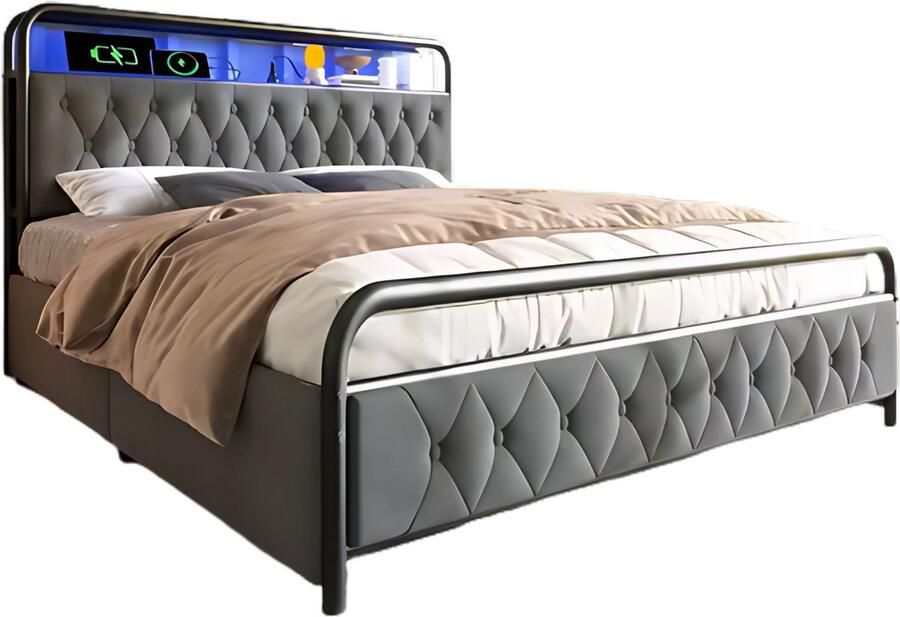 Happiq Bed Tweepersoonsbedden Tweepersoonsbed USB C Oplaadfunctie APP-bediening LED Metalen bed 140x200 bedframe 4 Laden Fluweel