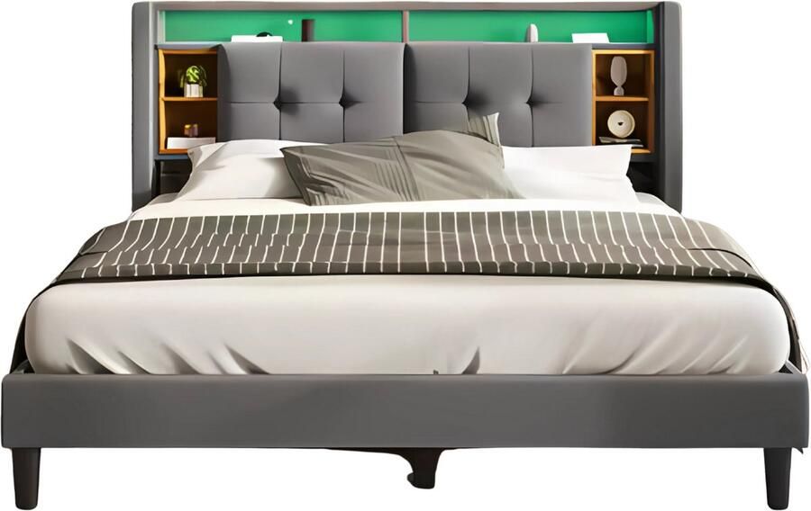 Happiq Bed Tweepersoonsbedden Tweepersoonsbed Voor Slaapkamer Met Opbergruimte Hoofdeinde met USB-oplaadpunt & LED-verlichting Bedrek & Houten Lattenbodem Donkergrijs 160x200 cm