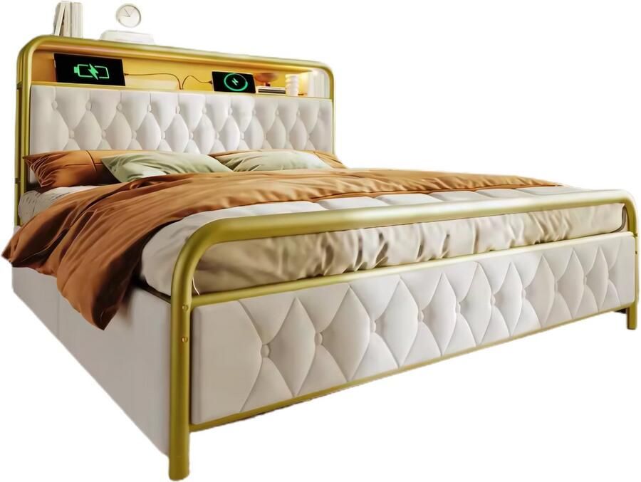 Happiq Bed Tweepersoonsbedden Tweepersoonsbed Voor Slaapkamer Met USB-C Oplaadfunctie LED-verlichting & App-bediening Metalen Bedframe met 4 Laden Fluwelen Bekleding 160x200cm