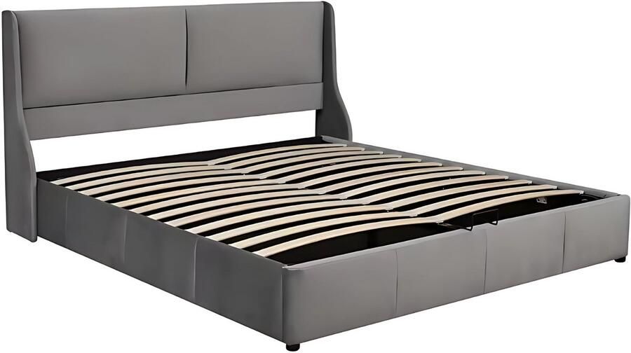 Happiq Bed Tweepersoonsbedden Tweepersoonsbed Voor Slaapkamer Tweepersoonsbed met Oorvormig Kussen Hoofdeinde & Hydraulisch Opbergsysteem Grijs 180x200