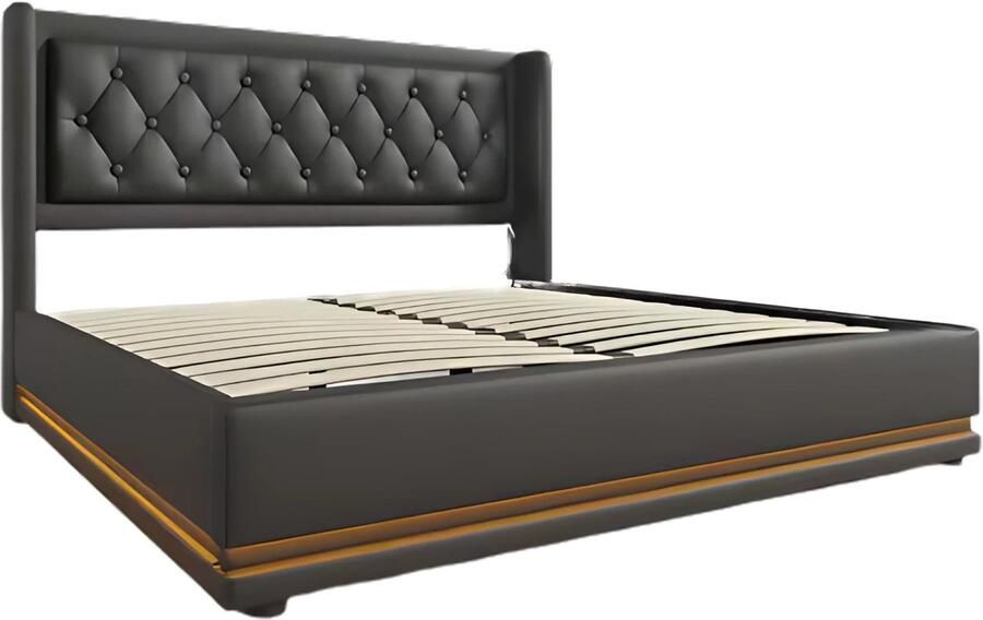 Happiq Bed Tweepersoonsbedden Tweepersoonsbed Voor Slaapkamer Tweepersoonsbed met USB-C 3-zijdig Hoofdeinde & LED-verlichting Hydraulisch met Opbergruimte Zwart PU Leer 160x200