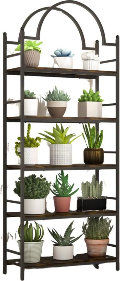 Happiq Boekenkast 5-Laags Industrieel Wandrek met Gebogen Laddermodel Zwart Metalen Frame & MDF Planken Voor Woonkamer Keuken of Kantoor