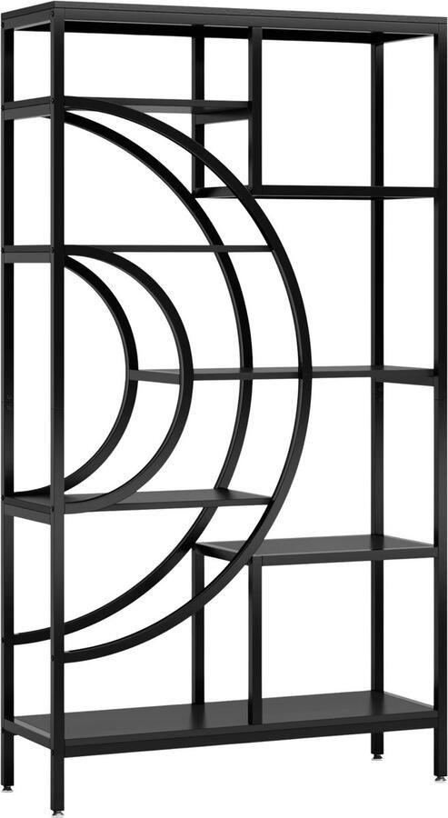 Happiq Boekenkast Boekenplank Wandplank Boekenrek Voor Moderne Interieurs en Opbergen 8-Lagen Geometrisch Open Rek Zwart 180cm