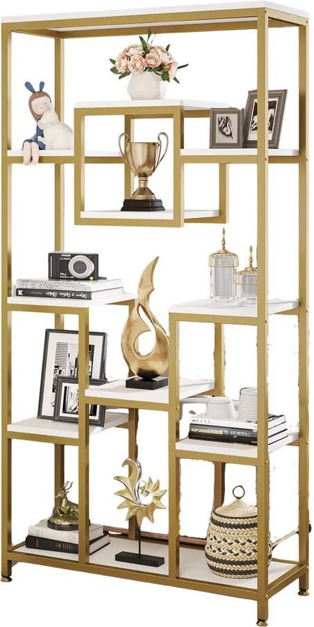 Happiq Boekenkast Ceylix 8 Lagen Boekenrek Moderne Opbergrek Metaal Goud met Marmerlook Woonkamer