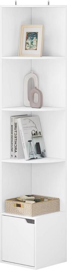 Happiq Boekenkast met 5 Lagen Voor Woonkamer Kantoor of Studeerkamer Staande Hoekkast met Opbergruimte en Deurtje Wit MDF