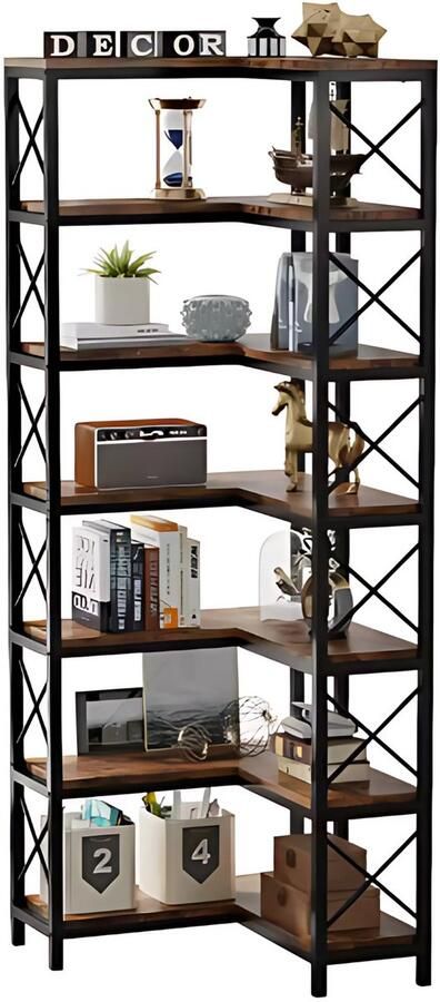 Happiq Boekenkast met 7 Lagen Hoekkast Bruin Hoekrek Voor Woonkamer Slaapkamer of Kantoor