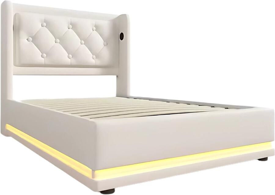 Happiq Eenpersoonsbed Kinderbed Kinderbedden Jeugdbed Voor Slaapkamer of Jeugdkamer Met USB-C & 3-zijdig Hoofdeinde Hydraulisch Bed met Opbergruimte Wit PU Leer 90x200cm