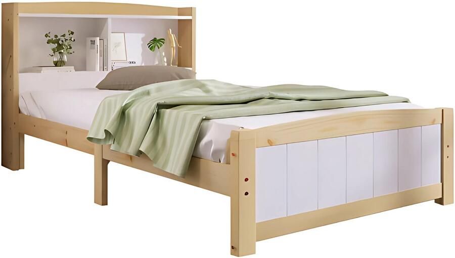 Happiq Eenpersoonsbed Kinderbed Kinderbedden Voor Kinderen of Jeugd Met Opberghoofdeinde & Lattenbodem Grenenhout in Natuurlijk Wit 90x200cm