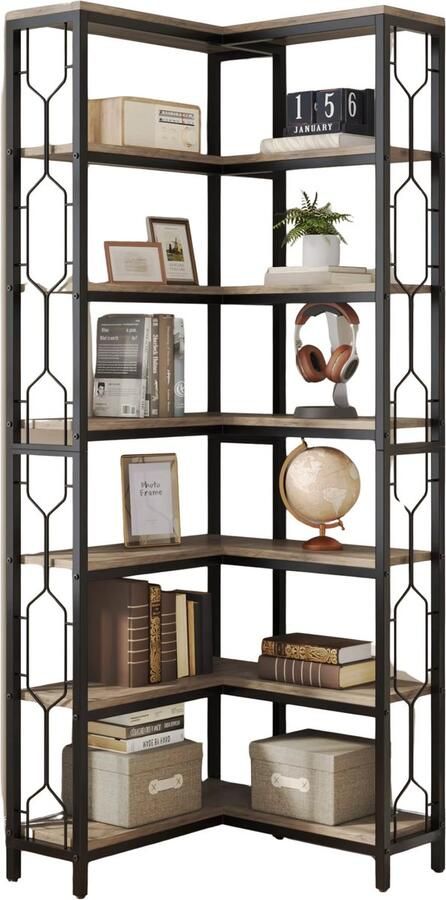 Happiq Hoek boekenkast met 7 Lagen Hoekkast Grijs Hoekrek Voor Woonkamer Slaapkamer of Kantoor