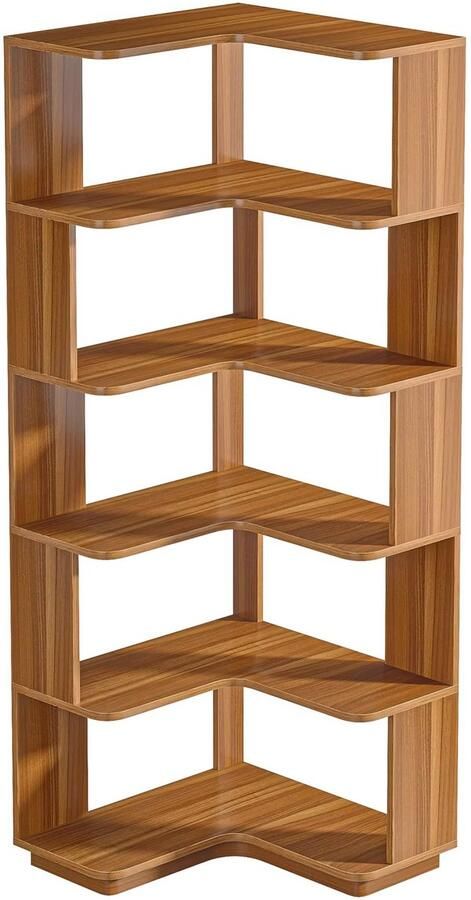 Happiq Hoekkast Brooklyn Vakkenkast 165cm Boekenrek Hoekmeubel Opbergrek 6 lagen Bruin