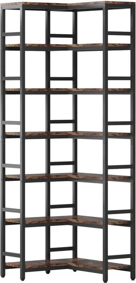 Happiq Hoekkast Dublin Hoge vakkenkast 200cm Boekenrek Hoekmeubel Opbergrek 7 planken Bruin