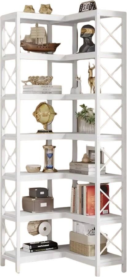 Happiq Hoekkast Verletta Met 7 Lagen Boekenkast voor woonkamer of slaapkamer Wit opbergrek Hout en metaal