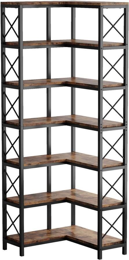 Happiq Hoekkast Zakapone Hoge vakkenkast 200cm Boekenrek Hoekmeubel Opbergrek 7 planken Bruin