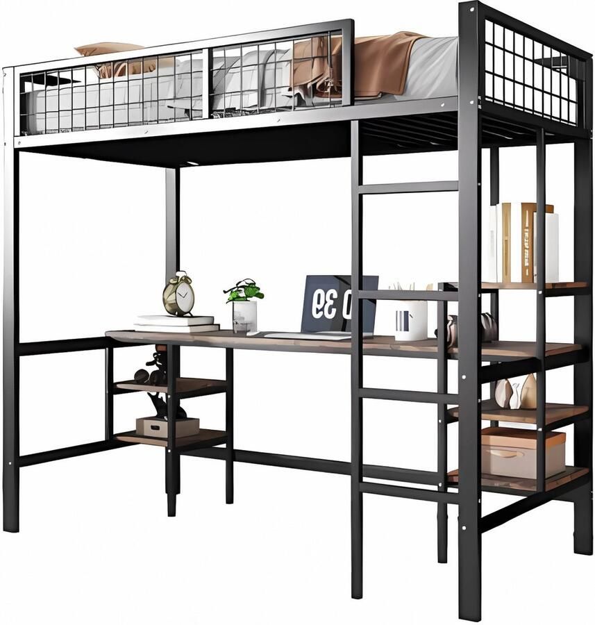 Happiq Hoogslaper Retro Valora Luxe hoogslaper voor kinderen 90x200 cm Met bureau Kinderbed Stapelbed Met Hoektrap valbeveiliging en raam Peuterbed