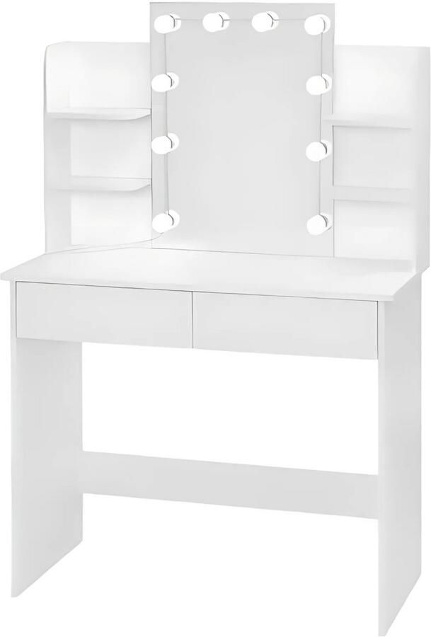 Happiq Kaptafel met LED Spiegel Make-uptafel voor Slaapkamer Met 2 Laden & 4 Opbergplanken 90×40×125 cm