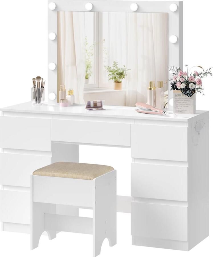 Happiq Kaptafel met LED-Verlichting & Oplaadpoort Make-up Bureau met Grote Spiegel en 7 Laden Modern Slaapkamerdressoir wit