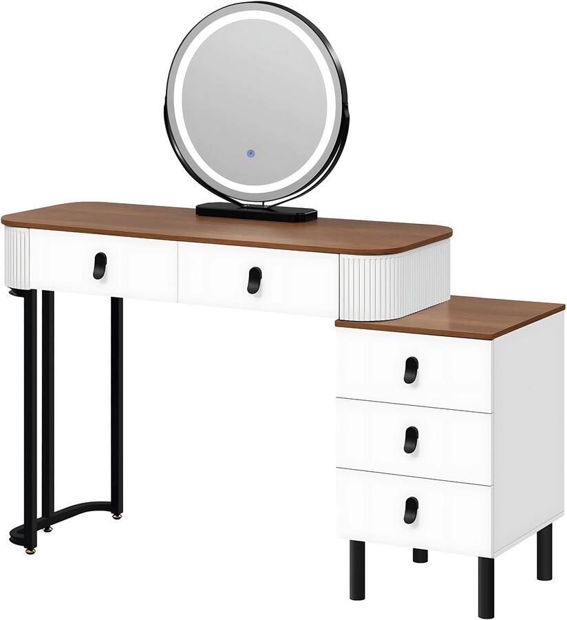 Happiq Kaptafel met LED-verlichting Make-up tafel Voor Slaapkamer 3-delige Verstelbare Lichtintensiteit Inclusief Mobiele Spiegel & Zijkast