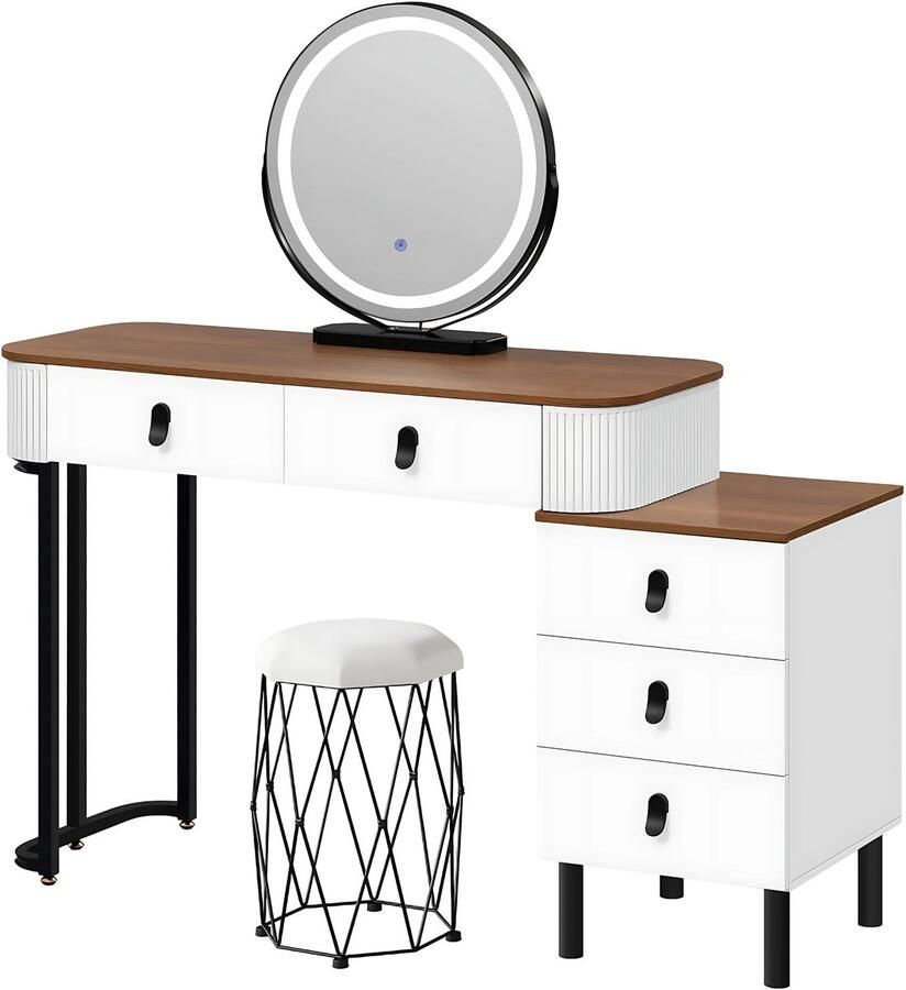 Happiq Kaptafel met LED-verlichting Make-up tafel Voor Slaapkamer 3-delige Verstelbare Lichtintensiteit Inclusief Mobiele Spiegel & Zijkast van