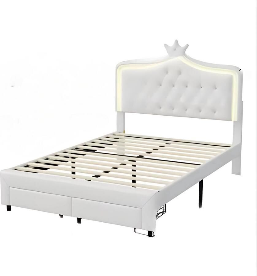 Happiq Kinderbed Fioren voor meisjes 140x200cm Gestoffeerd bed met 2 lades LED-verlichting en rugleuning Lattenbodem Twijfelaar