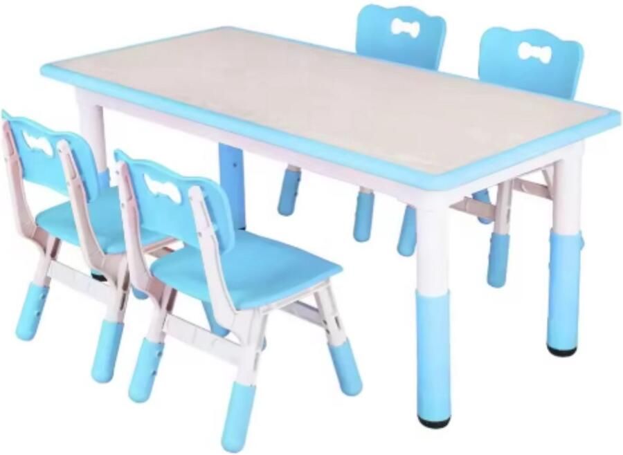 Happiq Kindertafel Tavien en 4-Stoelenset In Hoogte Verstelbare Tafel voor Peuters voor Studie Schrijven en Spelen Activiteitstafel en Stoelen voor Kinderen Blauw 120x60cm