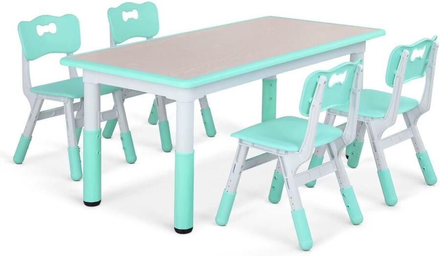 Happiq Kindertafel Zyrell en 4 Stoelenset Voor Peuters en Jonge Kinderen Verstelbare Tafelset voor Spelen Studeren & Tekenen Duurzaam Kunststof in Neutrale Kleuren Groen 120x60cm