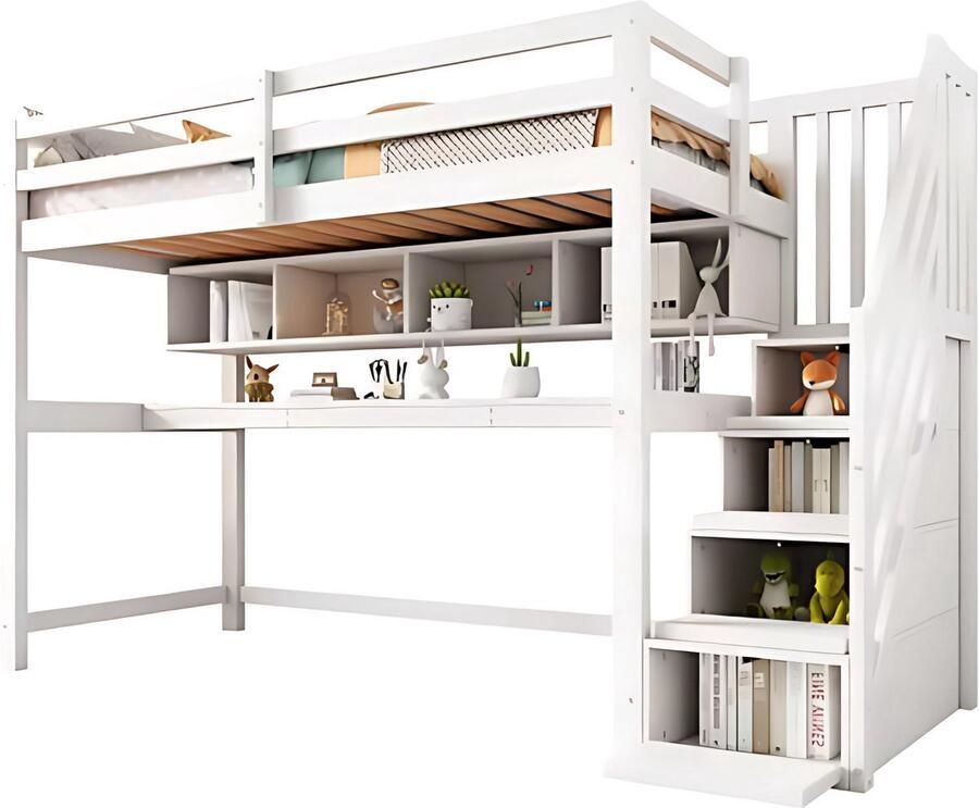 Happiq Luxe hoogslaper Vortex voor kinderen 90x200 cm Met bureau Kinderbed stapelbed Met Hoektrap valbeveiliging en raam Peuterbed