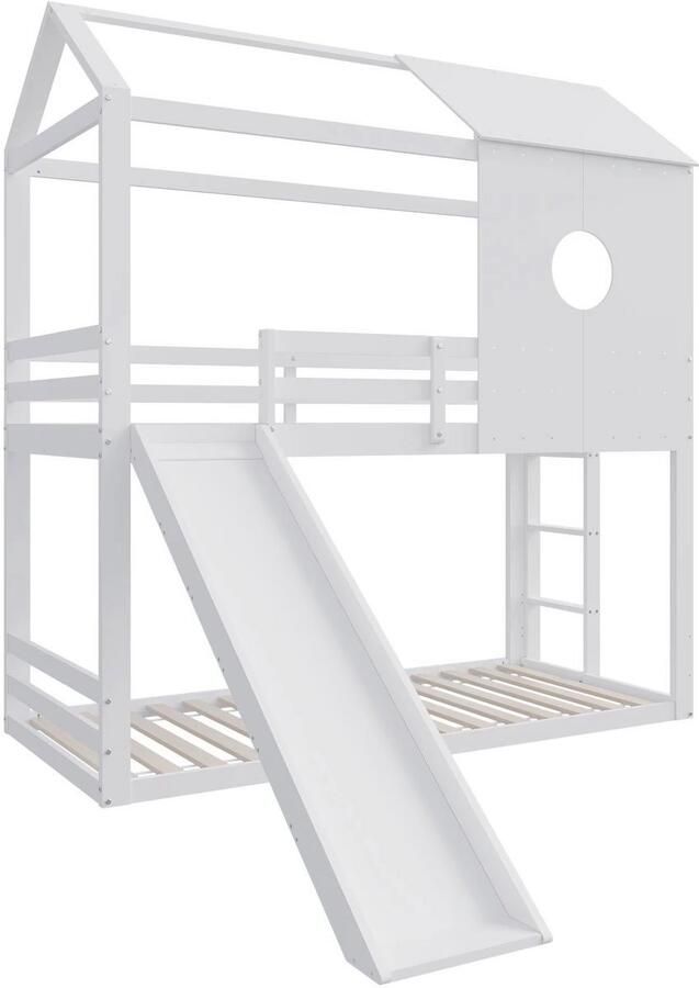 Happiq Luxe stapelbed Valora voor kinderen 90x200 cm Kinderbedden Hoogslaper Met Hoektrap valbeveiliging en raam Peuterbed