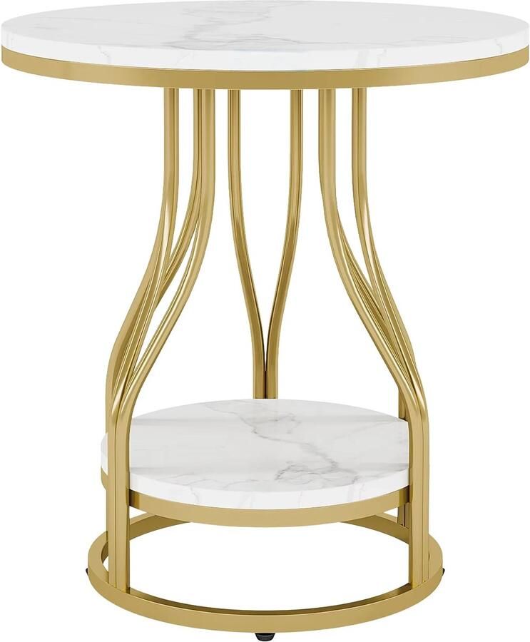 Happiq Moderne Bijzettafel met 2 Lagen Marmerlook Goud Voor woonkamer of slaapkamer Tafeltje