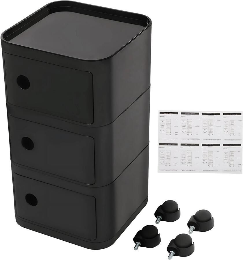 Happiq Nachtkastje Bijzettafel met Wielen 32 cm met Verborgen Opbergruimte Moderne Opbergtafel voor Slaapkamer & Woonkamer 3-laags Zwart