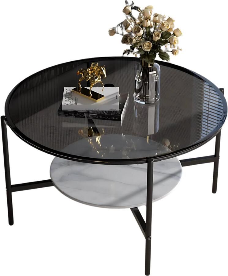 Happiq Salontafel Mira 2-Lagen Glazen Design Grijs Glanzend Tafelblad & Leistenen Onderplank Moderne Luxe Thee- & Bijzettafel voor Woonkamer