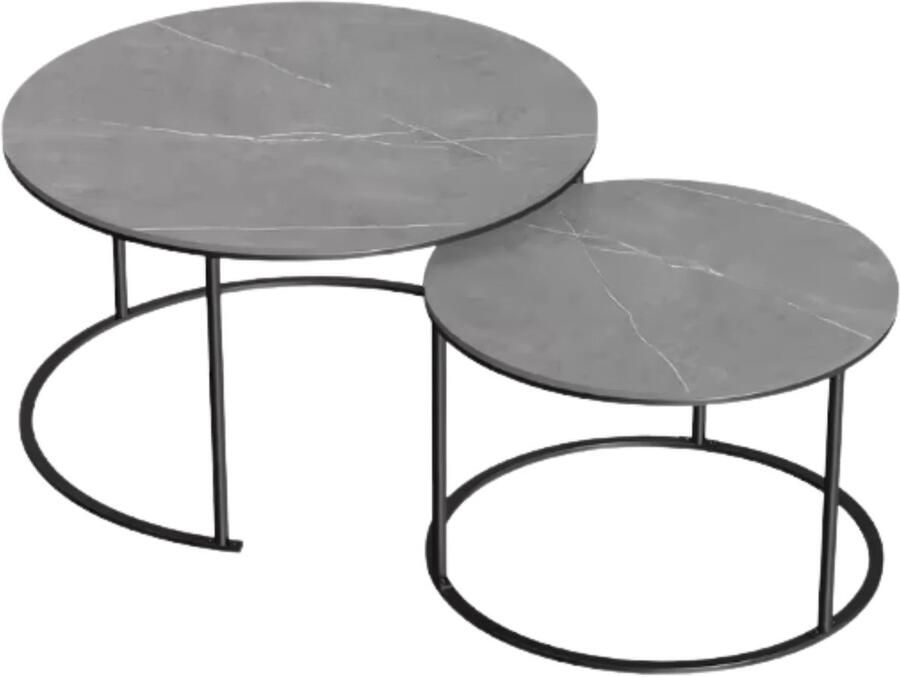 Happiq Salontafel Venetia Fioren Ronde salontafel Set van 2 Marmer tafelblad Bijzettafel woonkamer Metalen poten Grijs